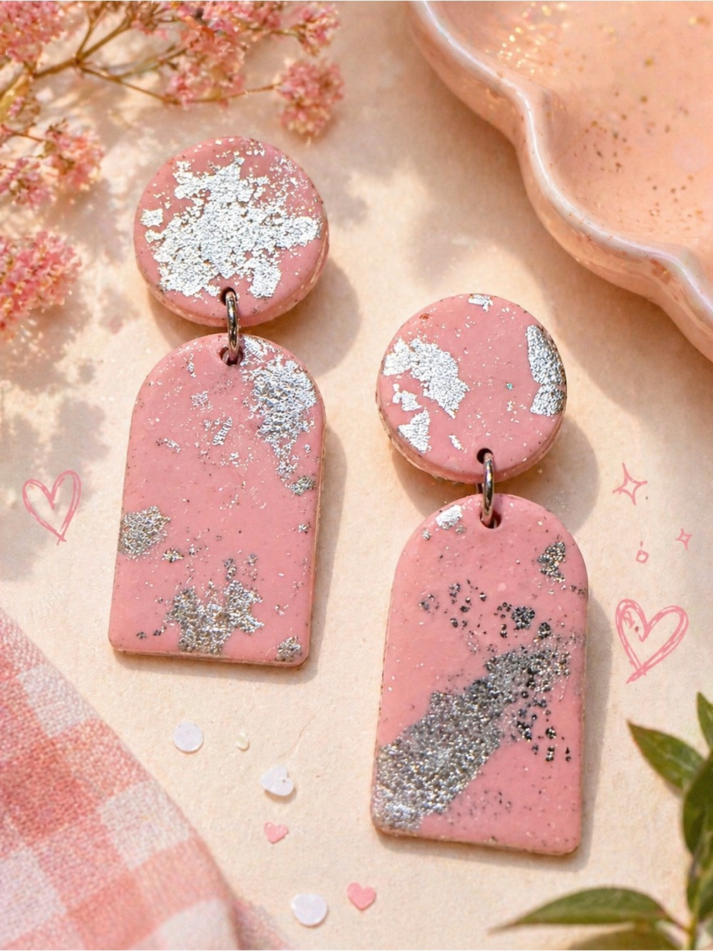 Handcrafted Pink Polymer Clay Drop Earrings with Silver Leaf Accent